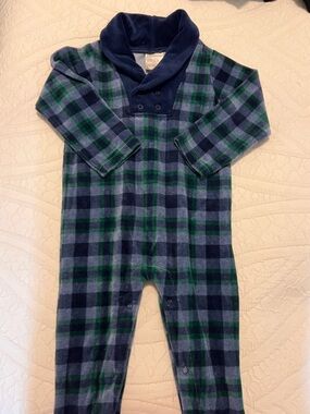 First Impressions Navy & Green Plaid Fleece One-Piece - NWOT